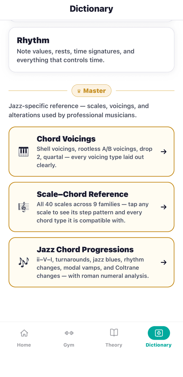 DoReMi Master reference — chord voicings, scale–chord reference, jazz chord progressions