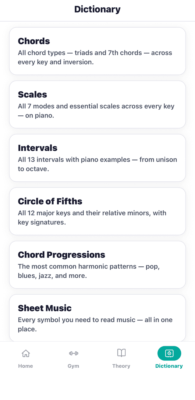 DoReMi dictionary — chords, scales, intervals, circle of fifths, chord progressions, sheet music