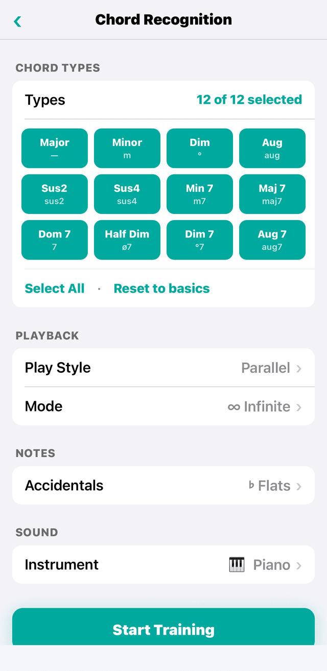 DoReMi chord recognition setup — twelve chord types, play style, accidentals and instrument