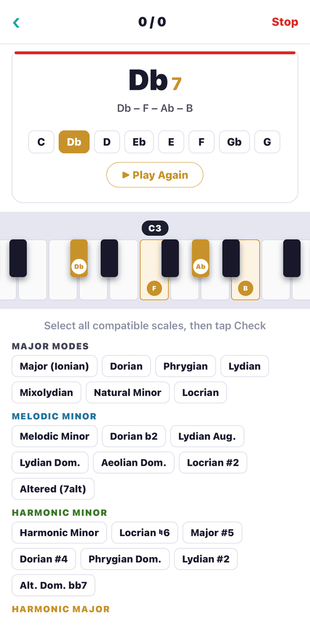 DoReMi gym drill — a Db7 chord on the piano with compatible scales to choose from