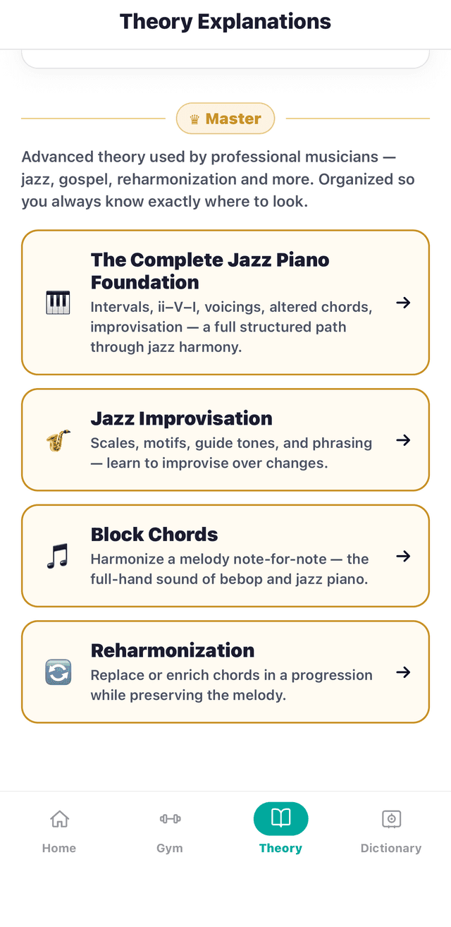 DoReMi Master track lessons — jazz piano foundation, improvisation, block chords, reharmonization