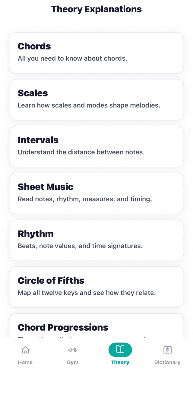 DoReMi theory explanations list — chords, scales, intervals, sheet music, rhythm, circle of fifths