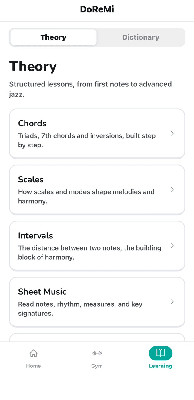 DoReMi Theory tab: chords, scales, intervals and sheet music